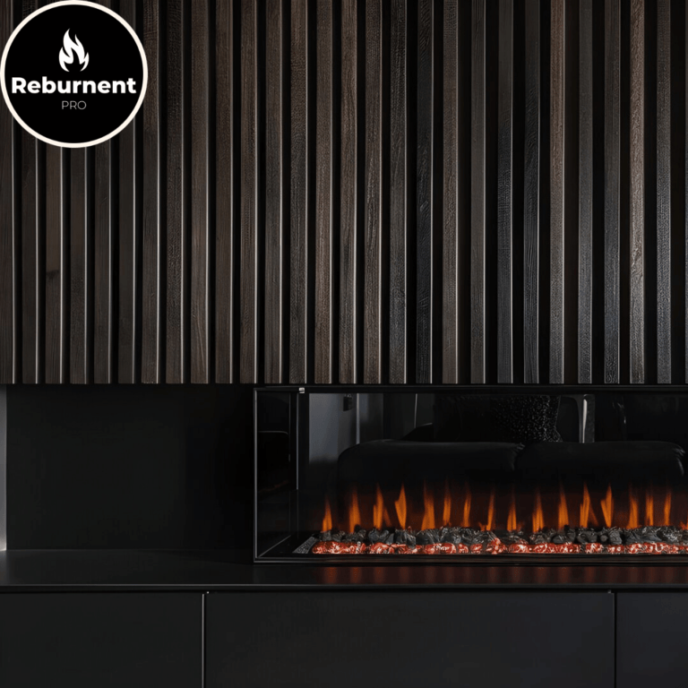 Elegantiški akustiniai degintos medienos skydai ir modernus židinys interjere