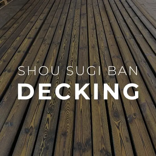 Charred wood terrace decking with deep grain texture, created using the traditional Shou Sugi Ban (Yakisugi) method for long-lasting outdoor use