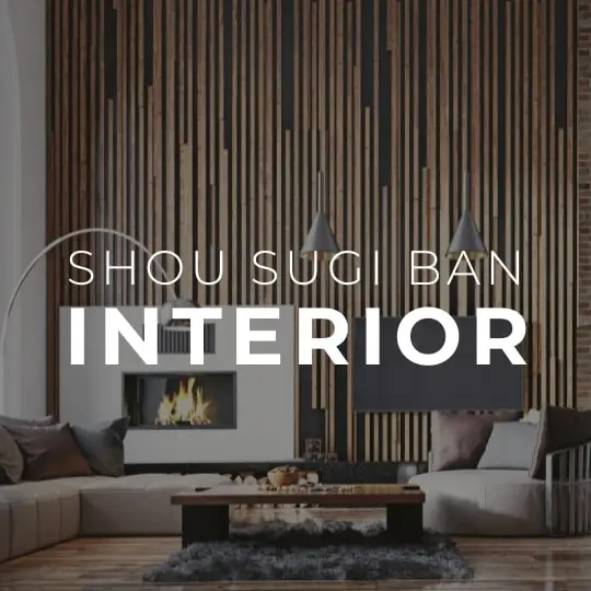 Modern interior with vertical charred wood panels, treated using Shou Sugi Ban (Yakisugi) method for stylish and natural ambiance