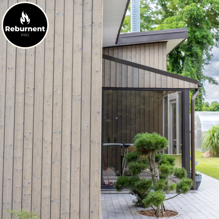 Modernus sodo namas su vertikalia degintos medienos fasado apdaila, pagaminta pagal Shou Sugi Ban (Yakisugi) technologiją